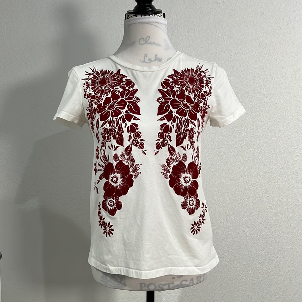 ZARA Trafaluc Floral Graphic T-Shirt – White w/Velvet Floral, Size S
